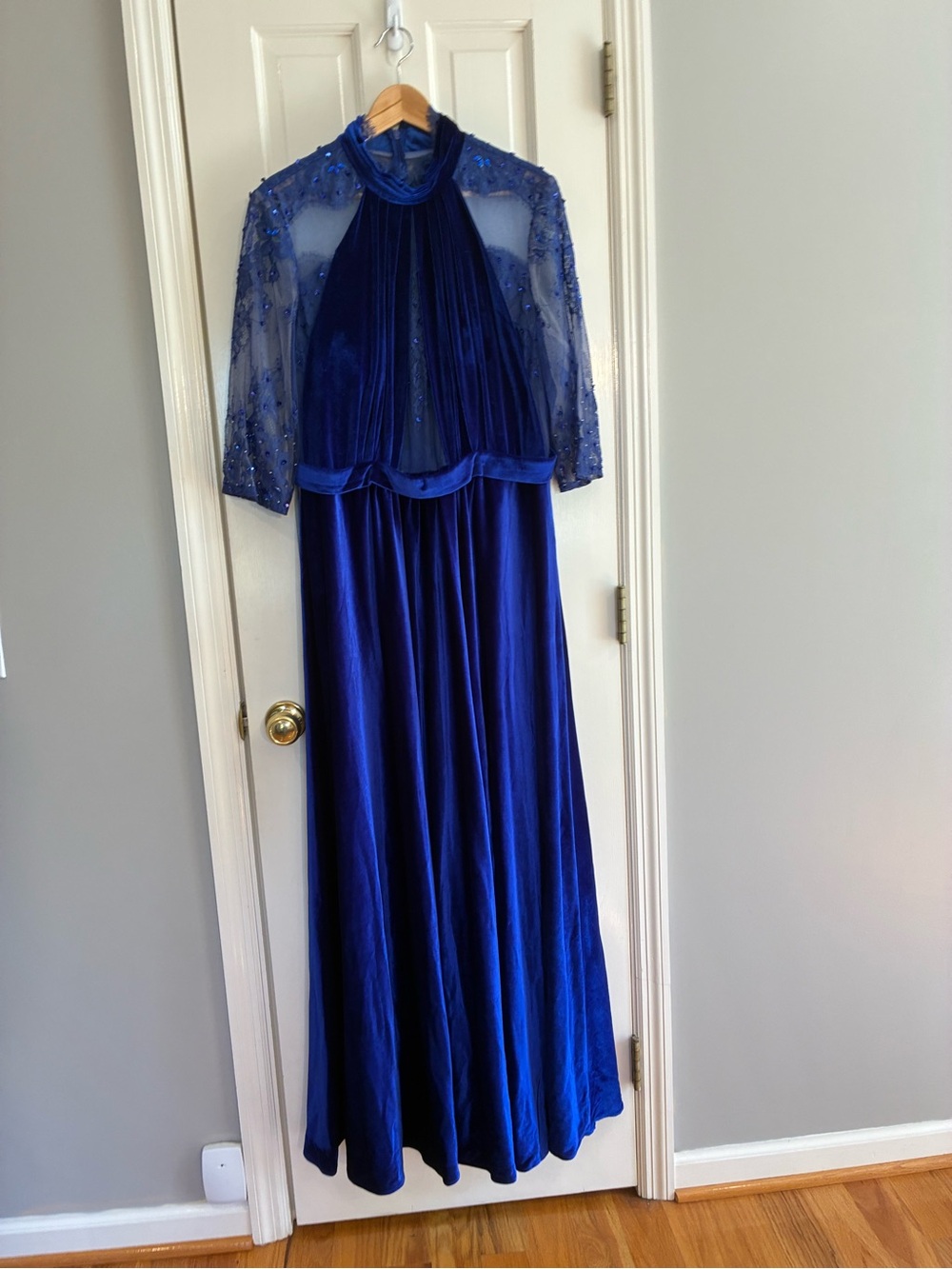 JJs House Royal Blue Velvet Maxi Gown with Sheer Embellished Overlay